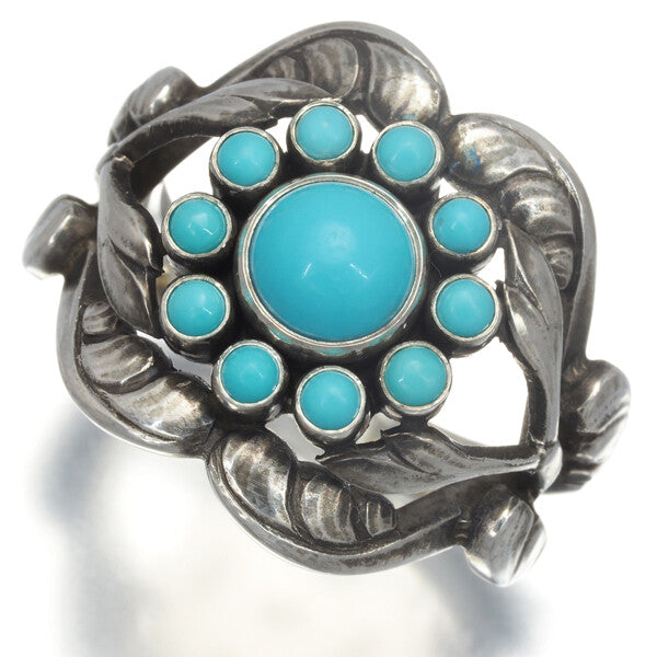 Georg Jensen Ring Turquoise 10 Flower Leaf Us8.5-8.75 925 Sterling Silver