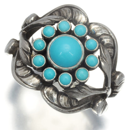 Georg Jensen Ring Turquoise 10 Flower Leaf Us8.5-8.75 925 Sterling Silver