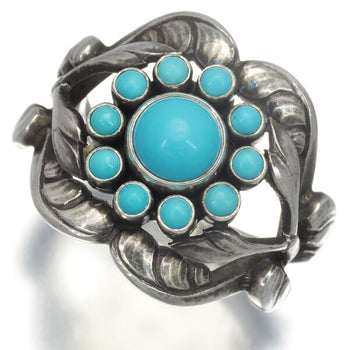 Georg Jensen Ring Turquoise 10 Flower Leaf Us8.5-8.75 925 Sterling Silver