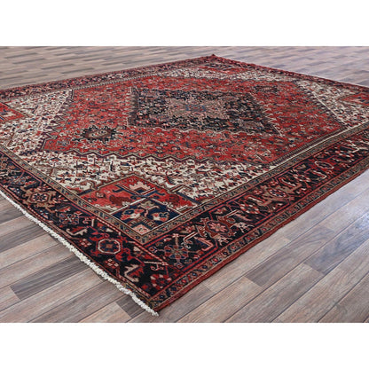 9'5"X11' Red Vintage Zoroastrian Heris Pure Wool Hand Knotted Squarish Rug