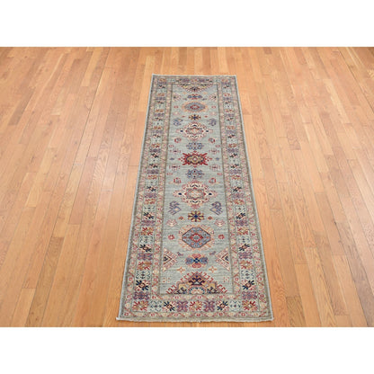 2'10"X8' Light Gray Afghan Super Kazak Hand Knotted Pure Wool Runner Rug