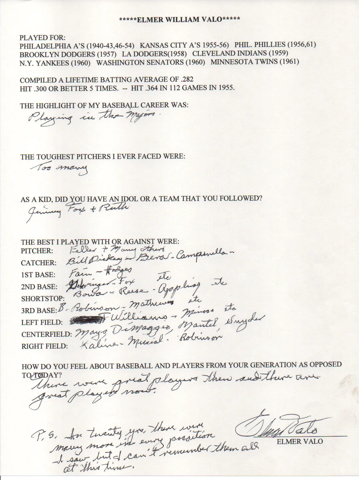 Elmer Valo Autographed Hand Filled Out Survey