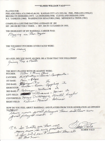 Elmer Valo Autographed Hand Filled Out Survey