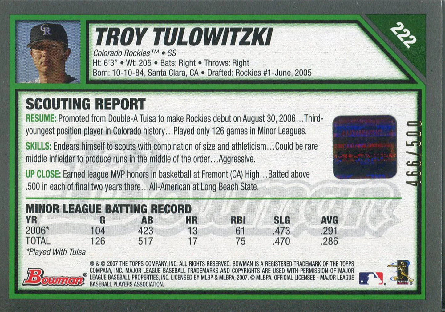 Troy Tulowitzki Autographed 2007 Bowman Rookie