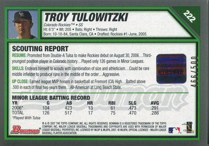 Troy Tulowitzki Autographed 2007 Bowman Rookie