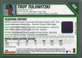 Troy Tulowitzki Autographed 2007 Bowman Rookie
