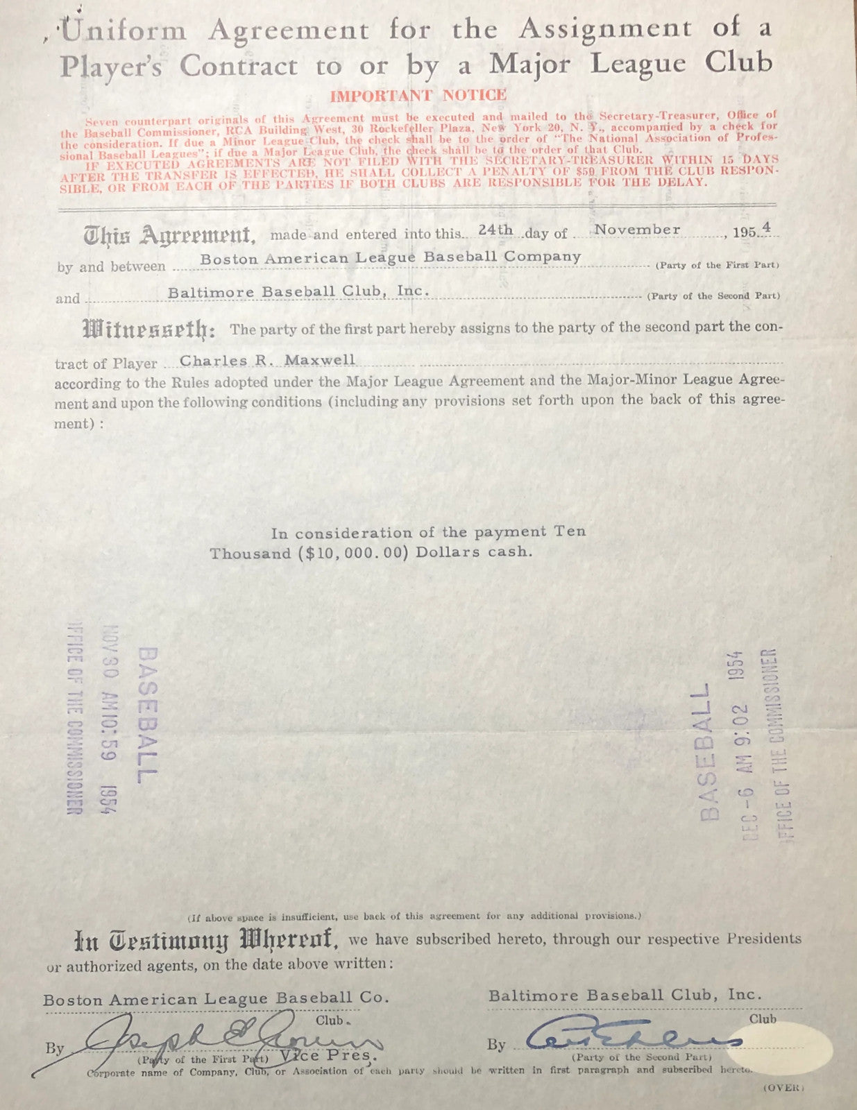 Joe Cronin Autographed Mlb Contract (Jsa)