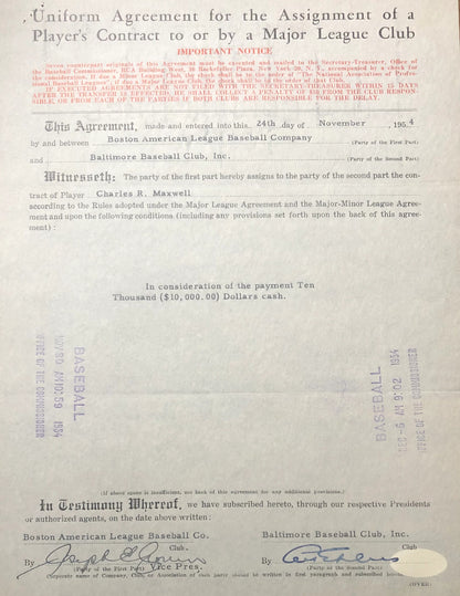 Joe Cronin Autographed Mlb Contract (Jsa)