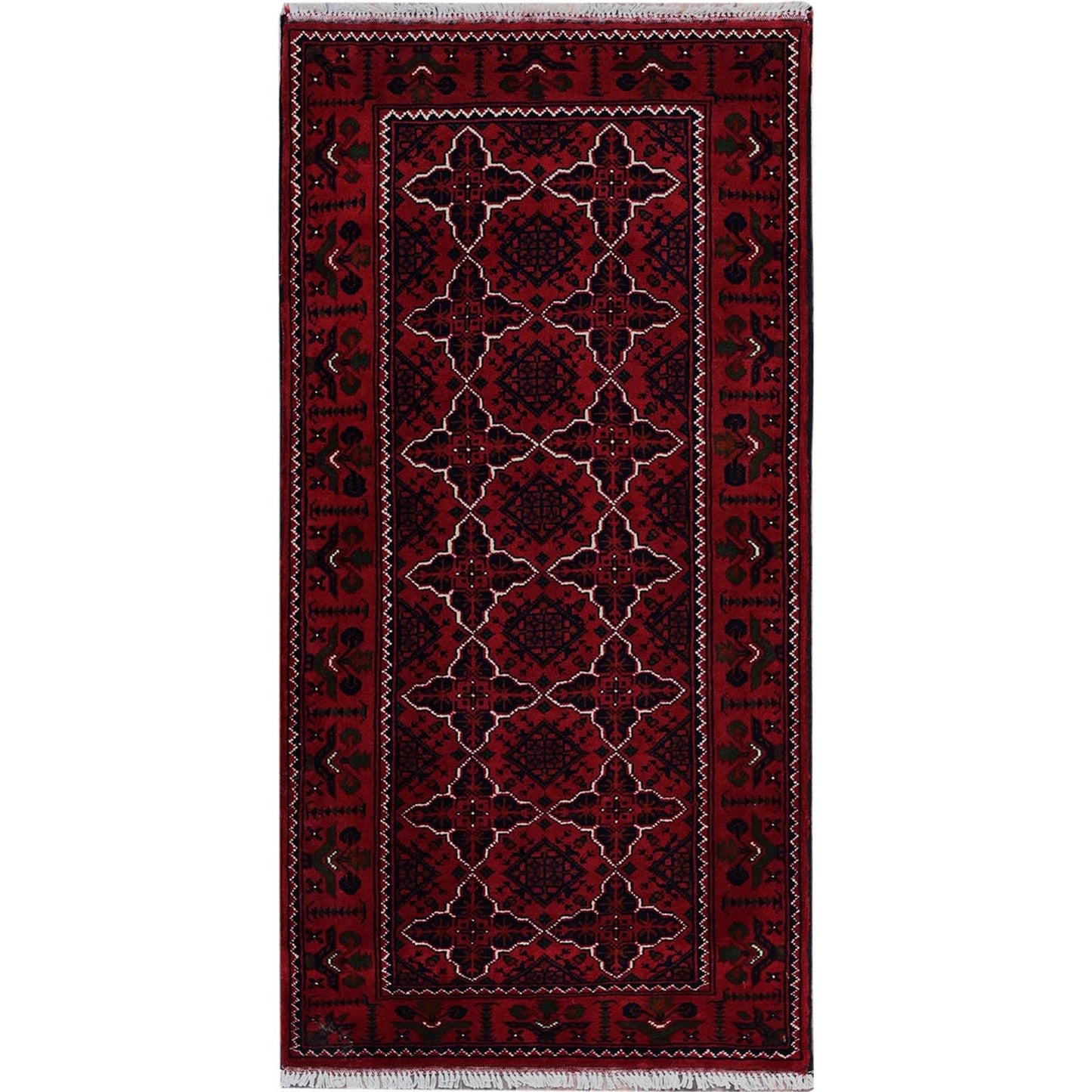 2'3"X4'6" Red Afghan Khamyab Geometric Pattern Hand Knotted Wool Runner Rug