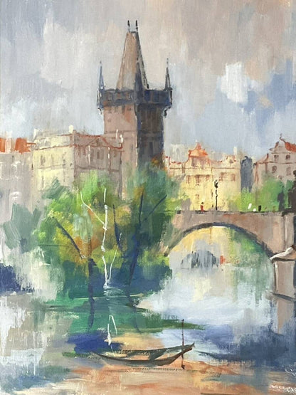 Original Oil Painting Charles Bridge Signed Framed Large Jaroslav Kotas