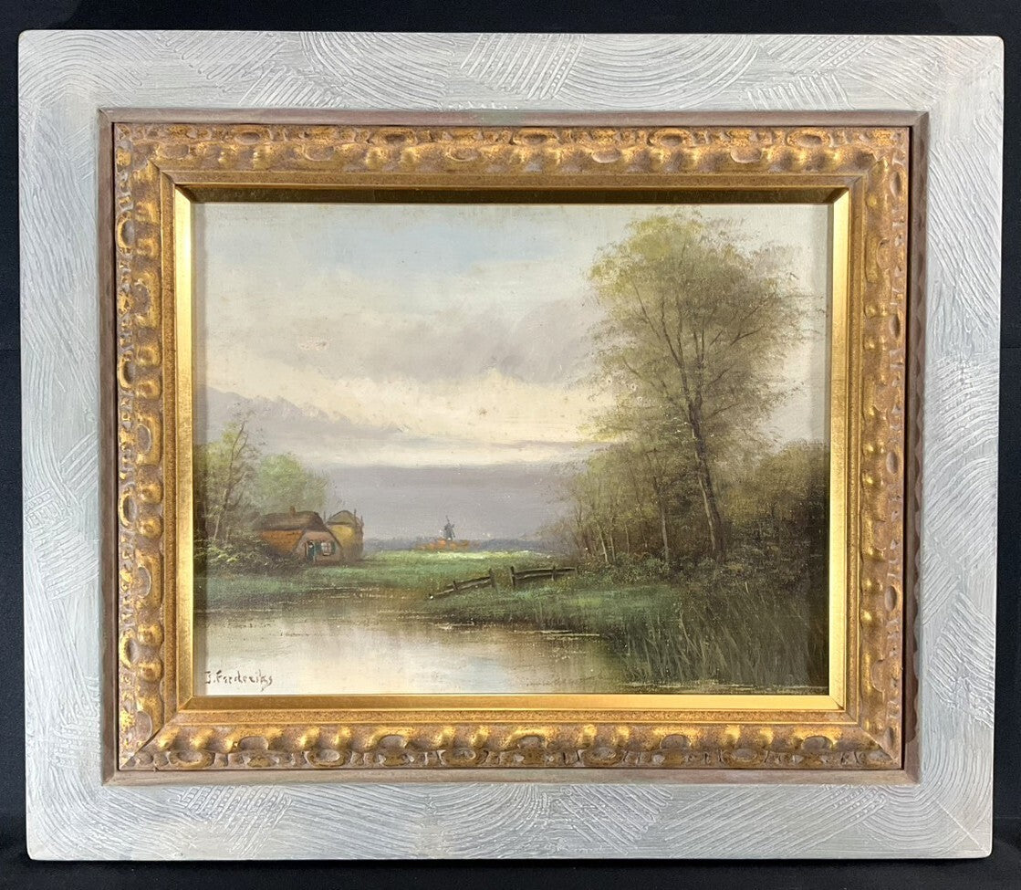 Framed Original Oil Painting European Landscape Windmill Signed Frederiks