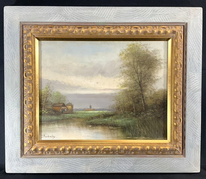 Framed Original Oil Painting European Landscape Windmill Signed Frederiks