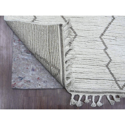 3'2"X15'4" White Moroccan Weave Line Design Hand Knotted Wool Runner Rug