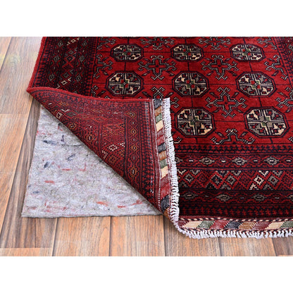 2'7"X4' Red Princess Bokara Geometric Pattern Hand Knotted Wool Sample Rug