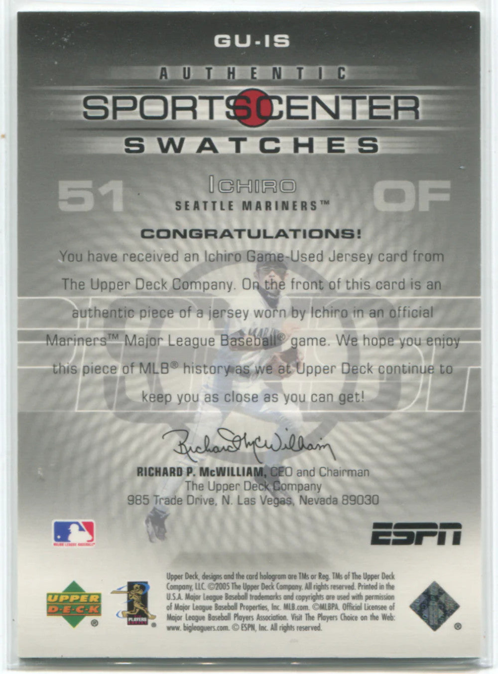 2005 Upper Deck Sportscenter Authentic Swatches #Gu-Is Ichiro Suzuki Card