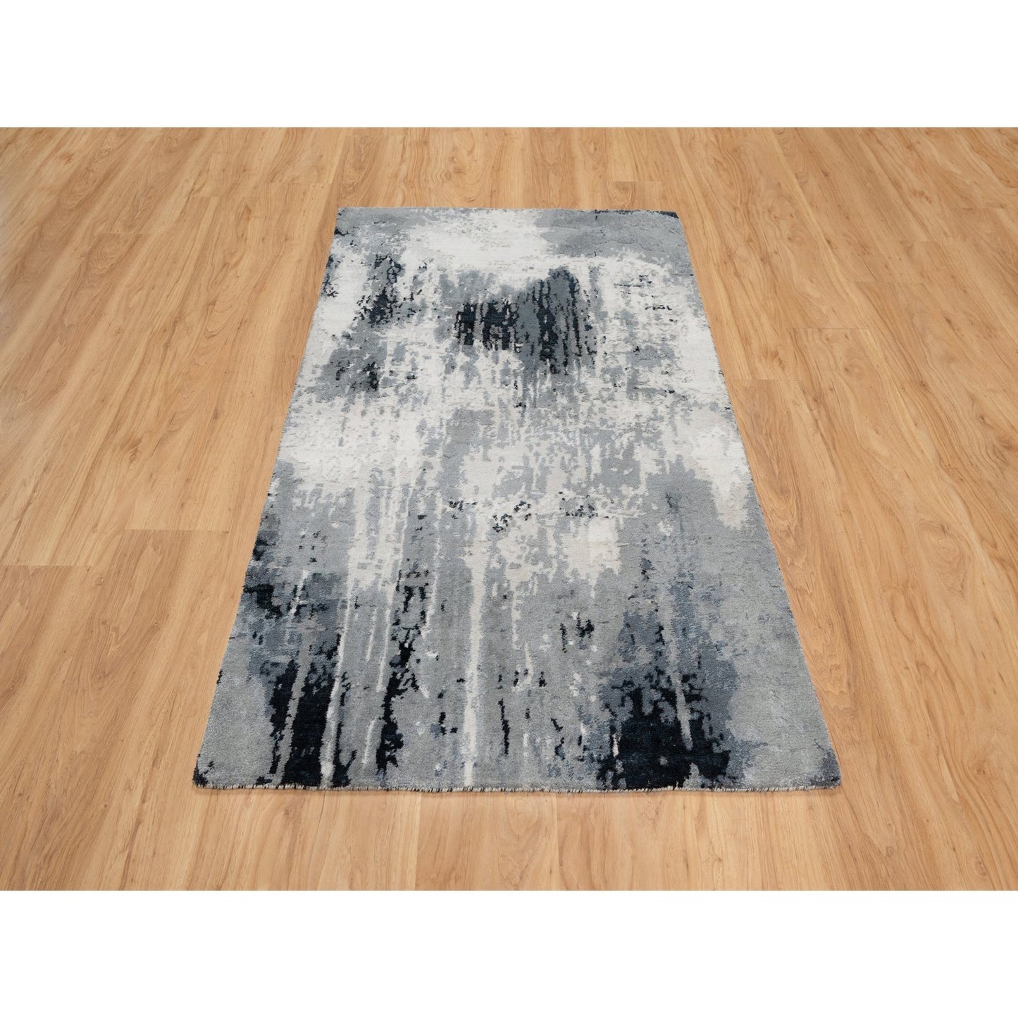 3'1"X5'3" Black Abstract Design Wool And Silk Hand Knotted Oriental Rug