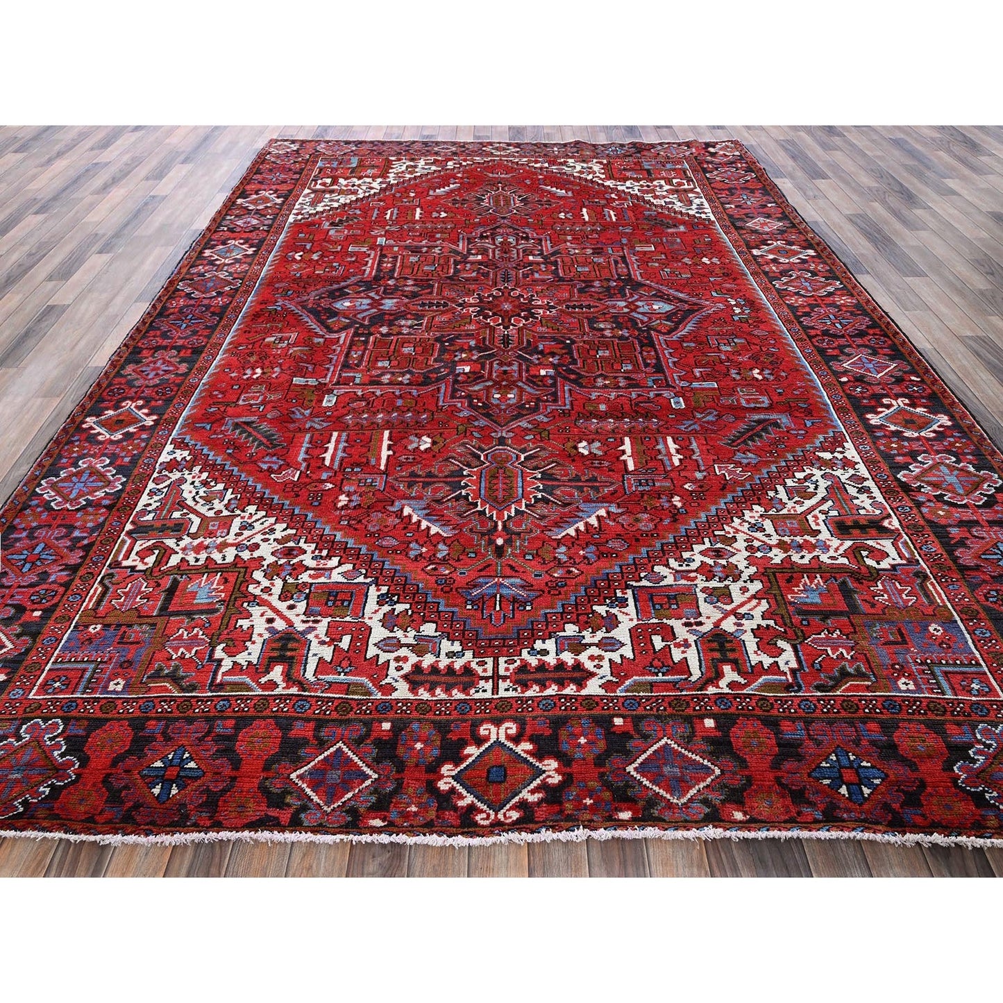 8'4"X11'4" Red Vintage Zoroastrian Heris Sheared Low Hand Knotted Wool Rug