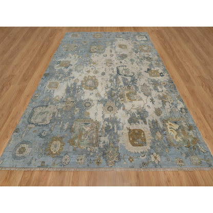 9'2"X12' Ivory Broken Pattern With Oushak Design Hand Knotted Wool Rug