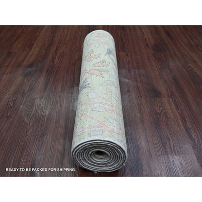 2'6"X11'4" Green Peshawar Birds Design Hand Knotted Soft Wool Runner Rug
