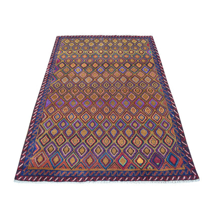 4'3"X6'2" Tribal Design Pure Wool Hand Made Colorful Afghan Village Rug