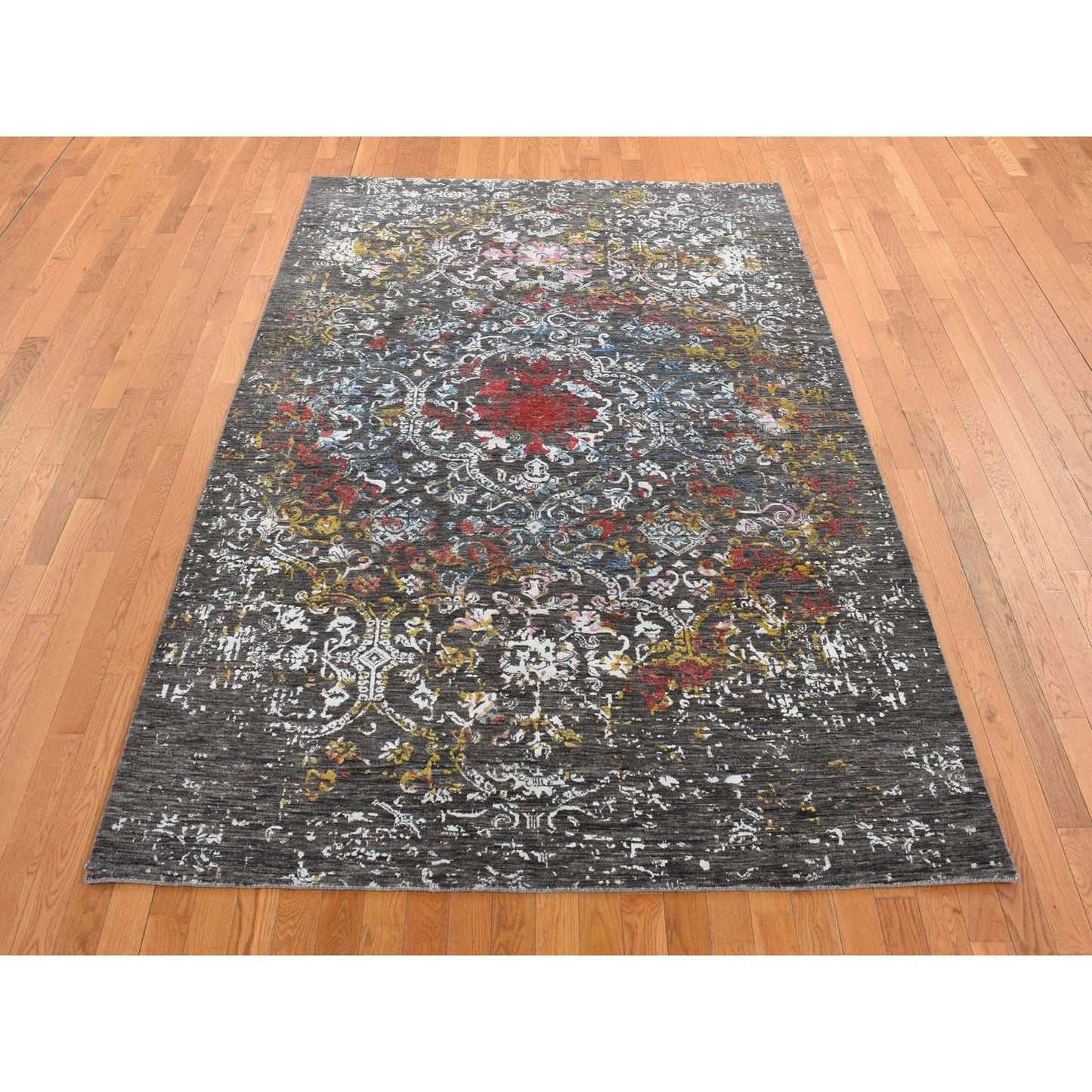 Rug 6'1"X9'2" Black Transitional Agra Design Wool and Silk Hand Knotted