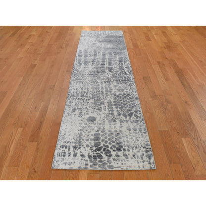 2'5"X10'1" Abstract Wool & Silk Denser Weave Runner Hand Knotted Rug