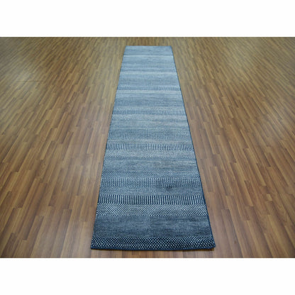 2'9"X11'4" Blue Modern Grass Design Wool And Silk Hand Knotted Runner Rug