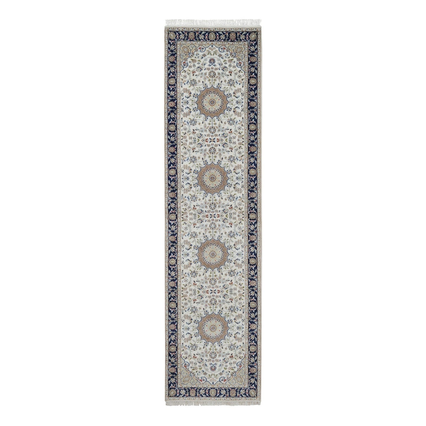 2'8"X10'3" Ivory Nain Medallion Motif Wool & Silk Hand Knotted Runner Rug