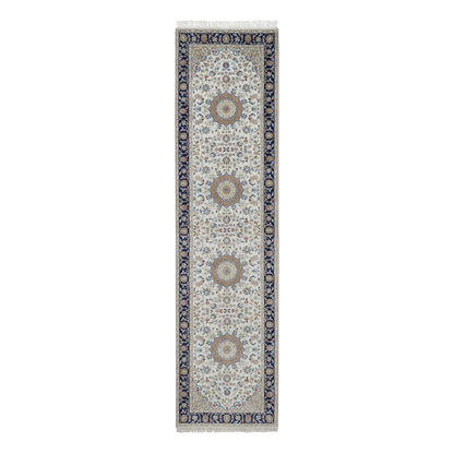 2'8"X10'3" Ivory Nain Medallion Motif Wool & Silk Hand Knotted Runner Rug