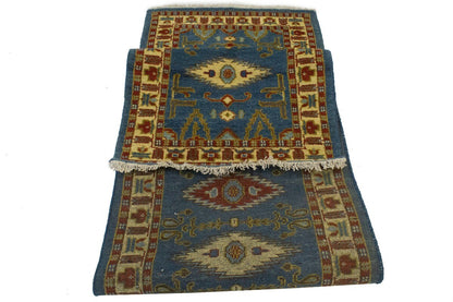 3X10 Ft Handmade Kazak Runner Rug Blue Geometric