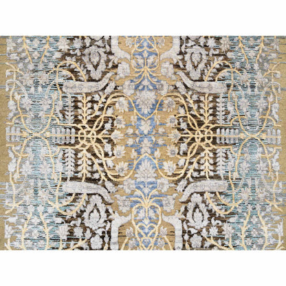 4'2"X10' Gold Brown Hand Knotted Silk With Wool Wide Runner Rug