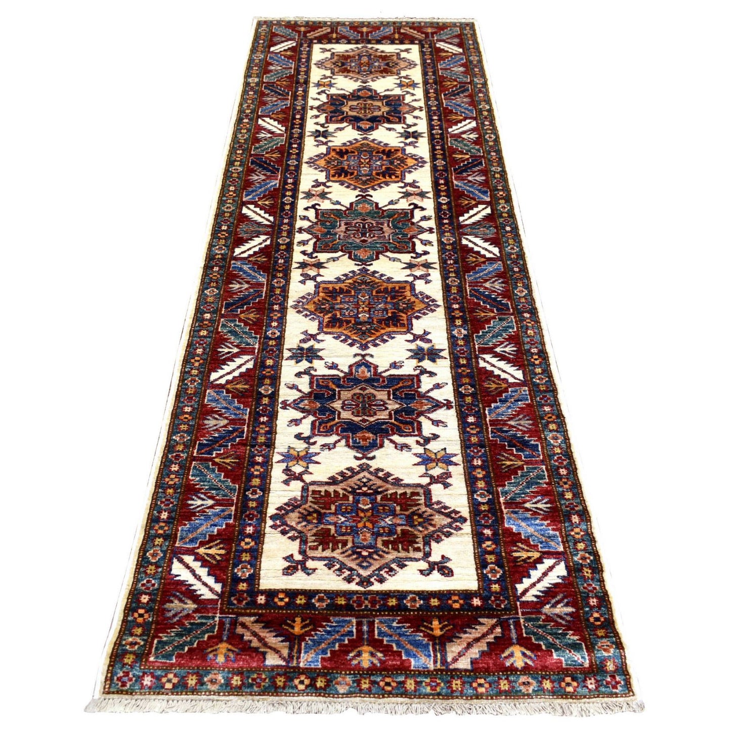 2'9"X8'6" Ivory Soft Wool Hand Knotted Afghan Super Kazak Runner Rug