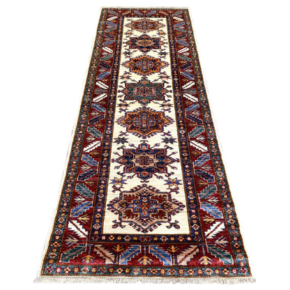 2'9"X8'6" Ivory Soft Wool Hand Knotted Afghan Super Kazak Runner Rug