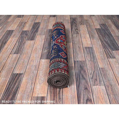 2'8"X9'5" Sailor Blue Caucasian Design Revival Hand Knotted Wool Runner Rug
