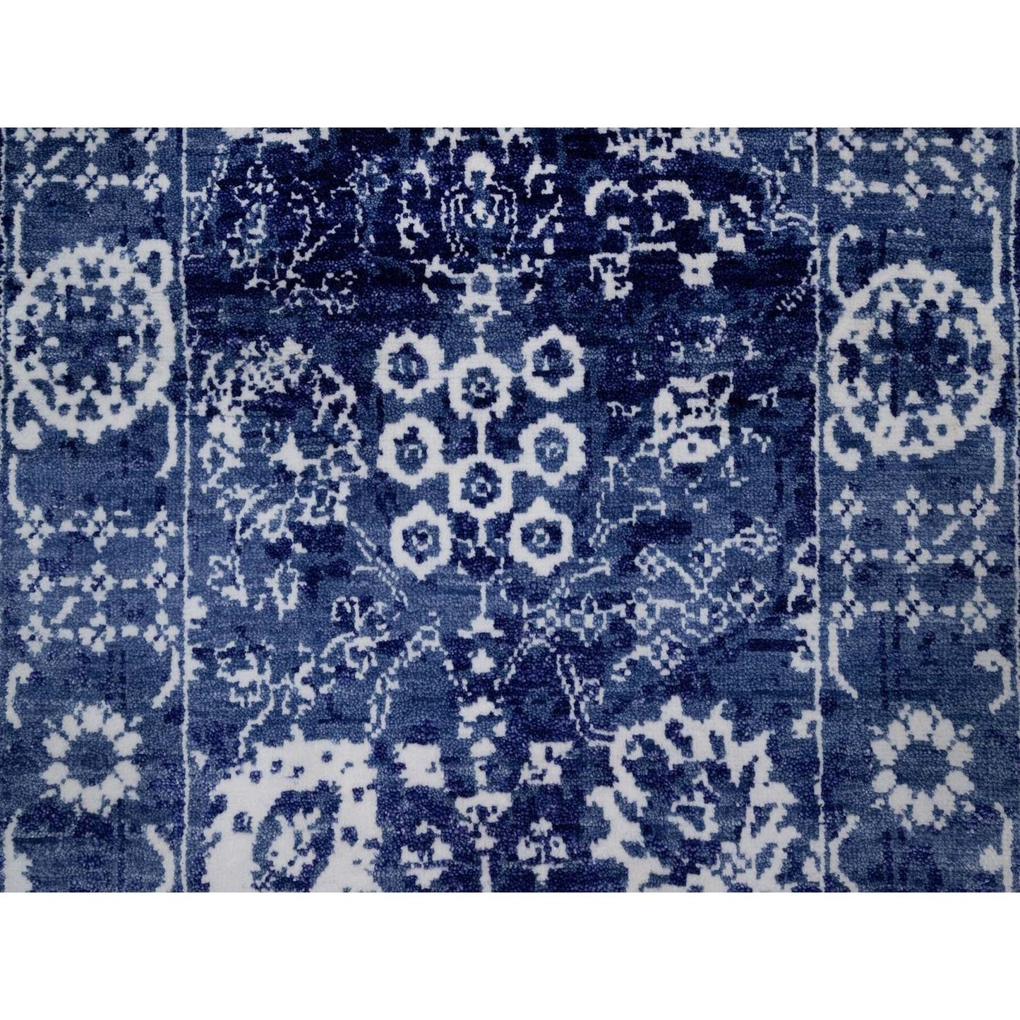 2'6"X6' Ensign Blue Wool And Silk Rug Tebraz With Leaf Design Hand Knotted