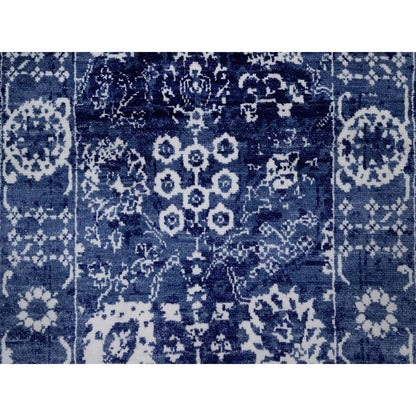 2'6"X6' Ensign Blue Wool And Silk Rug Tebraz With Leaf Design Hand Knotted
