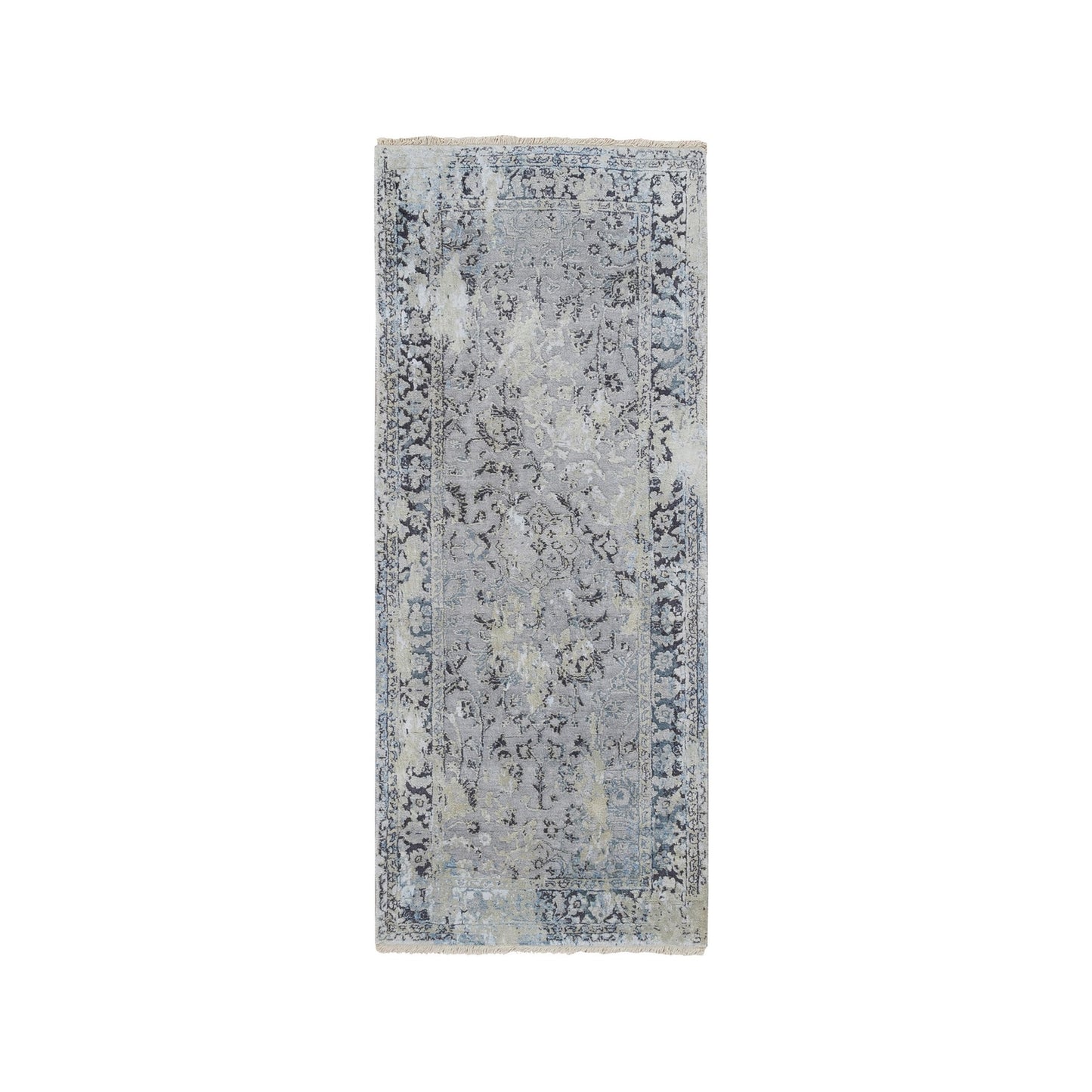 2'6"X6' Gray Hand Knotted Broken Kishoon Design Silk With Wool Runner Rug