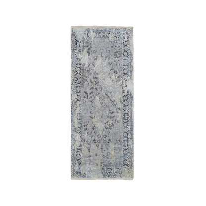 2'6"X6' Gray Hand Knotted Broken Kishoon Design Silk With Wool Runner Rug