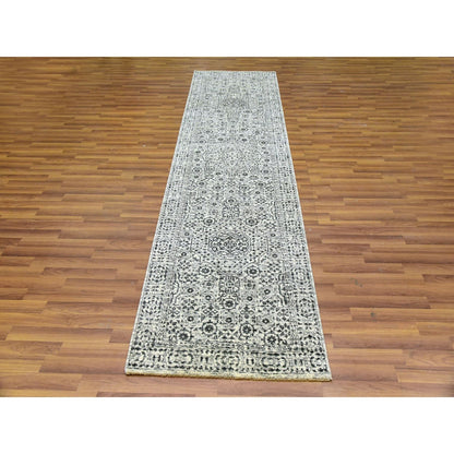 2'9"X10' White Mamluk Dynasty Design Undyed Wool Hand Knotted Runner Rug
