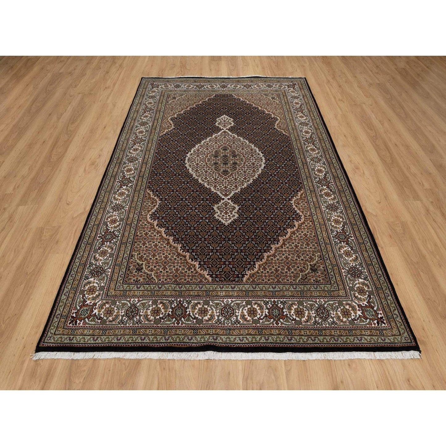 6'X9'1" Black Tebraz Mahi With Medallion Design Hand Knotted Wool Rug
