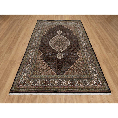 6'X9'1" Black Tebraz Mahi With Medallion Design Hand Knotted Wool Rug