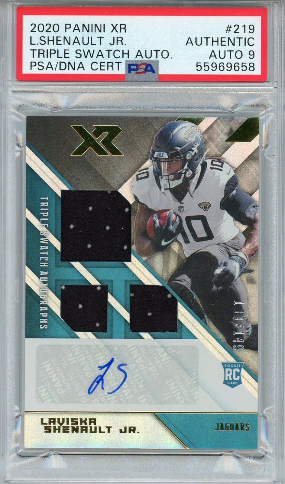 Laviska Shenault Jr. Autographed 2020 Panini Xr Triple Swatch Jersey Rookie Card