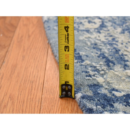 8'1"X8'1" Blue Abstract Design Wool And Pure Silk Hand Knotted Round Rug