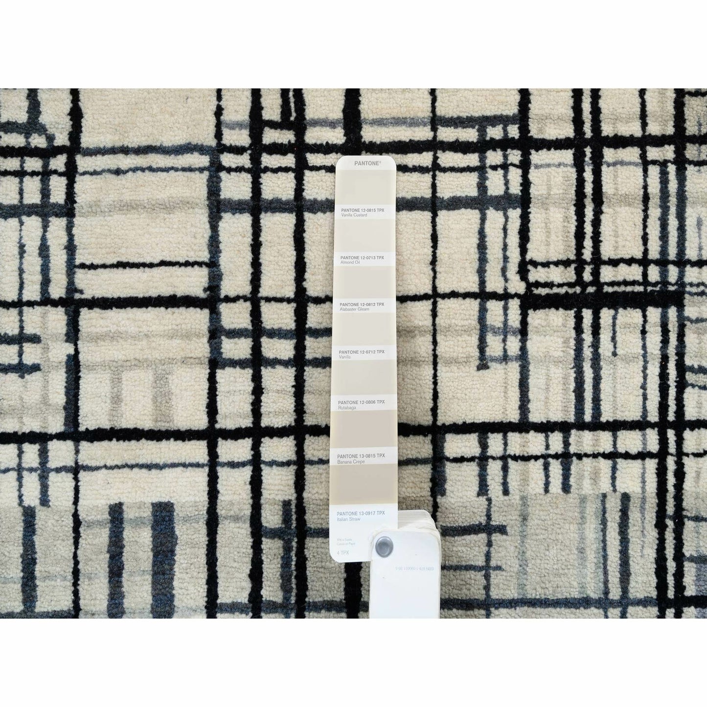 8'2"X9'9" Black Modern Lines Design Ghazni Wool Hand Knotted Rug