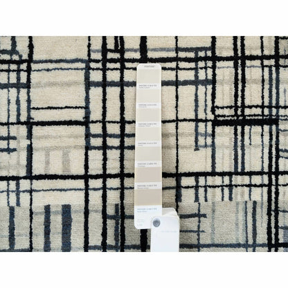 8'2"X9'9" Black Modern Lines Design Ghazni Wool Hand Knotted Rug