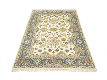 Carpet Cream4X6 Hand-Knotted Floral Oushak Chobi Rug Oriental Bathroom Decor
