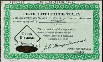 Ted Williams Autographed Framed 16X20 Photo With Joe Dimaggio (Green Diamond)