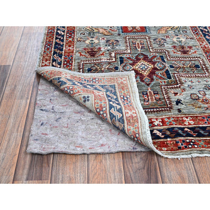 2'8"X7'5" Gray Caucasian Design Hand Knotted Pure Wool Runner Oriental Rug