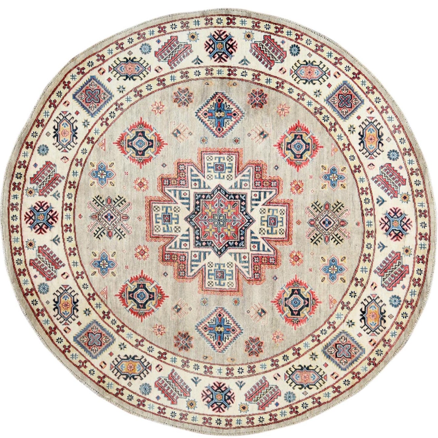 7'10"X7'10" Caucasian Afghan Special Kazak Hand Knotted Round Wool Rug