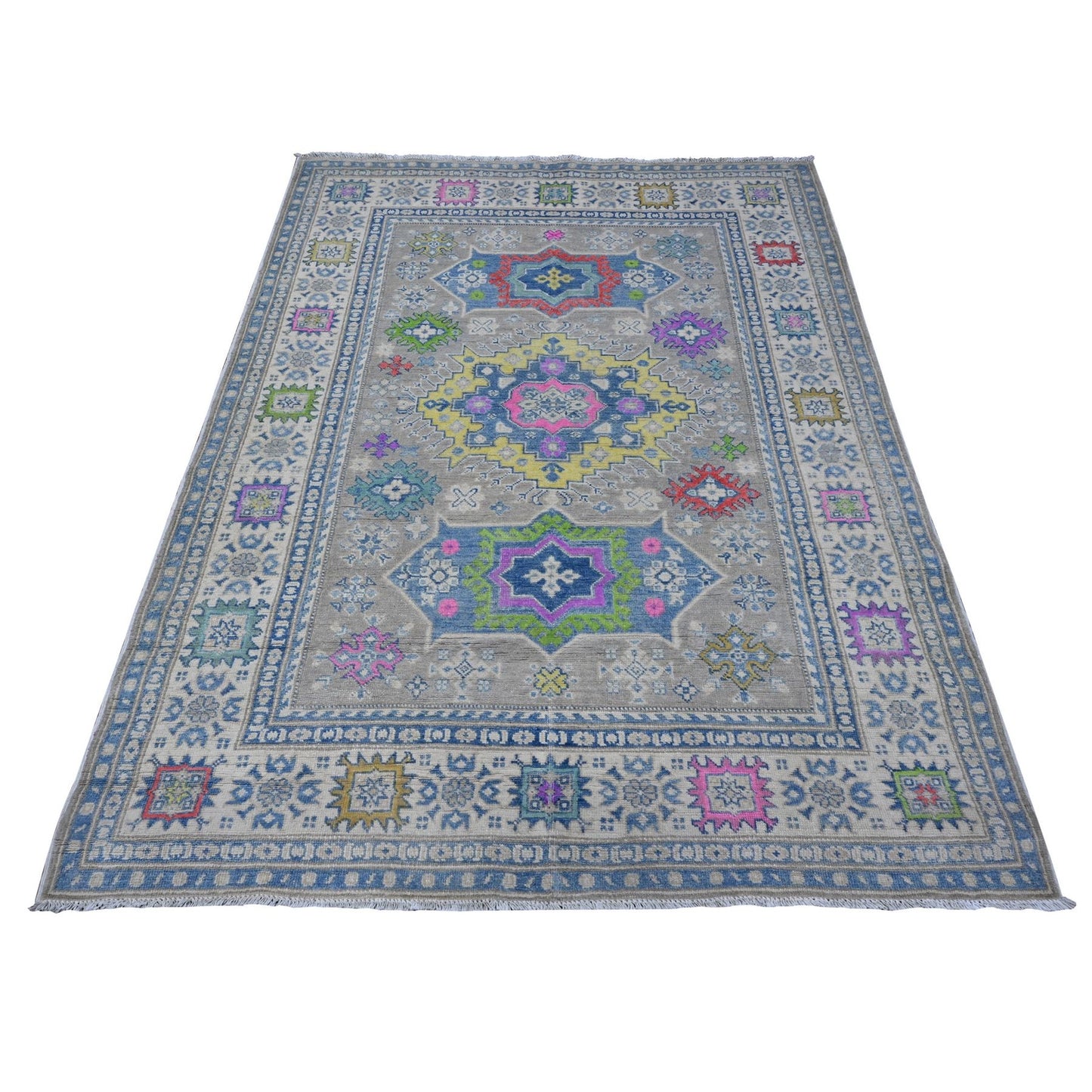 5'X6'8" Dorian Gray Hand Knotted Fusion Kazak Natural Wool Oriental Rug